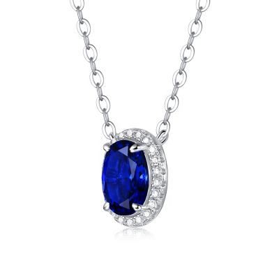 China Cultured Gemstone Inlaid Microset Pendant Oval CLASSIC Sapphire Necklace for sale