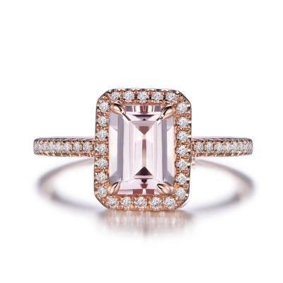 China 925 Sterling Silver Jewelry Engagement Halo Morganite Casual/Sporty Ring 18k Rose Gold Plated Emerald Cut for sale