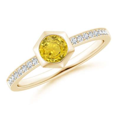 China OEM ODM CLASSIC Hexagonal Yellow Sapphire Bezel-Set Natural Stone Gold Crystal Round Gemstone Ring for sale