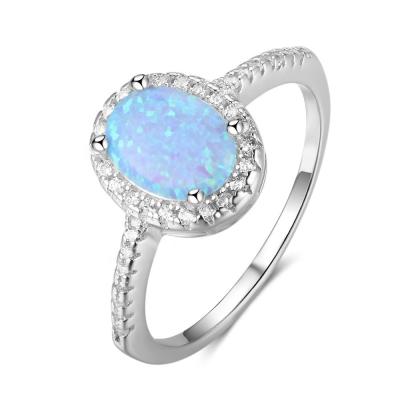 China Sterling Silver Opal Synthetic Jewelry TRENDY Plating Oval Halo Diamond Zircon Ring White Gold for sale