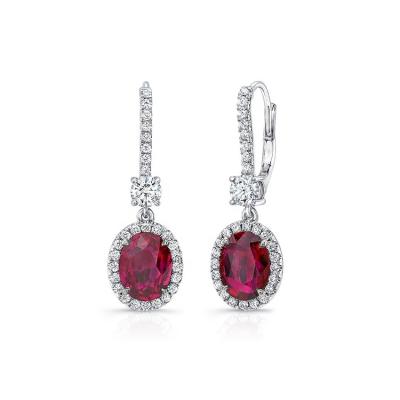 China TRENDY 925 Sterling Silver Rhodium Oval Ruby Dangle Earrings with Round Diamond Accents for sale