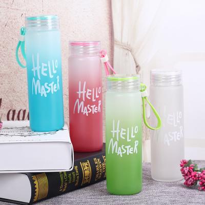 China Promotion Viable Cheap Price Colorful Letter Portable Frosted Glass Water Bottle With String for sale