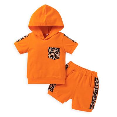 China Anti Shrink Leopard Print Factory Price Hooded Suit In Solid Colors For Kids Short Sleeve 2Pcs Baby Clothes Set Wholesale for sale