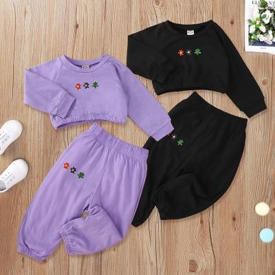 China 2022 Eco-friendly Wholesale New Spring Clothes Children Girl Solid Color Sleeve Suit Embroidery Hoodies Long Pants Set for sale