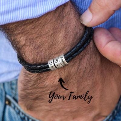 China Personalized Name Accessories Durable Stainless Steel Beads With Genuine Leather Bracelet Father's Day Gift For Men And Women for sale