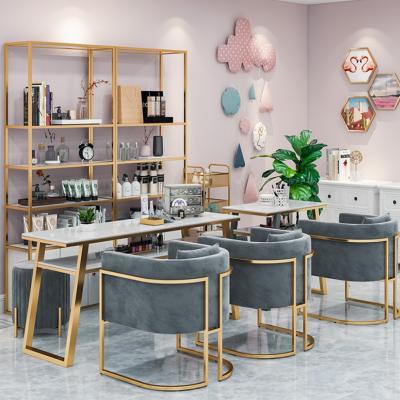 China Modern Light Luxury Modern Simple Furniture Metal Fashion Manicure Marble Table Nail Art Table Set Salon for sale