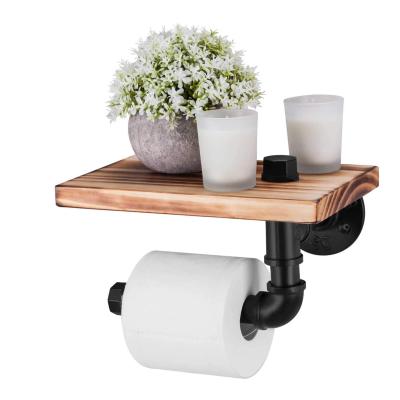 China Modern Industrial Toilet Paper Holder With Rustic Wood Shelf, Pipe Wall Mounted Toilet Paper Holder With Shelf Hot Selling Products for sale