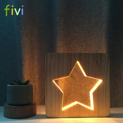 China Creative Wooden 3D Lights Wooden Star Lamp 3D Pattern LED Night Carving Light Decoration for sale