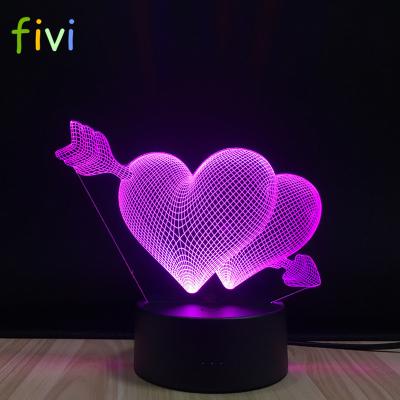 China 3D Decoration Cupid's Arrow Night Light Lovely 3 Colors Love Heart Shape Bedroom Lamp for sale