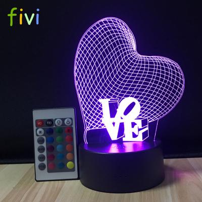 China 3D Decoration Love Heart Lamp Led Optical Illusion Night Light 7 Color Changing Desk Lamp for sale