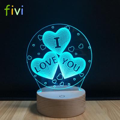 China 3D Decoration Night Light Illusion Optical LED Lamp I Love You Glowing 7 Colors Changing RGB Wooden Table Light for sale