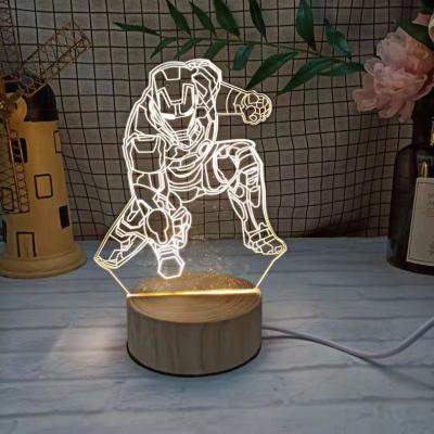 China 3D Acrylic Night Light Iron Man USB Wood Bedroom Lamp 3D Stereo Vision Decoration LED Night Light Creative Gifts Baby Stockings for sale