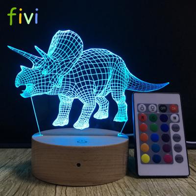 China Decoration Dinosaur 3D Illusion Lamp 7 Color Led Lamp Optical Eye Contact Table Lights Remote Controller Wood Night Light for sale