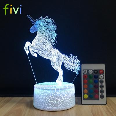 China Decoration Unicorn 3D Illusion Night Lights Touching LED Lamps Kids Bedroom Decor Remote Control Lights for sale