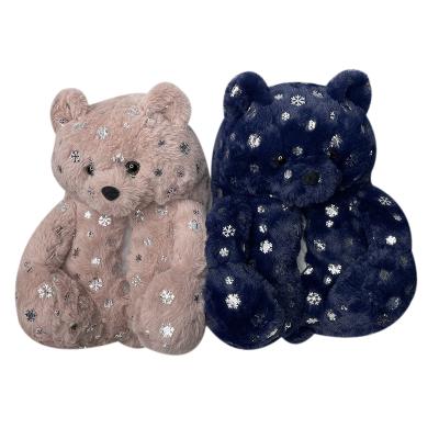 China 2021 Christmas Snow White Teddy Bear Slippers Lovely Women's Bedroom Fur Plush Toy Thermal Teddy Bear Slippers for sale