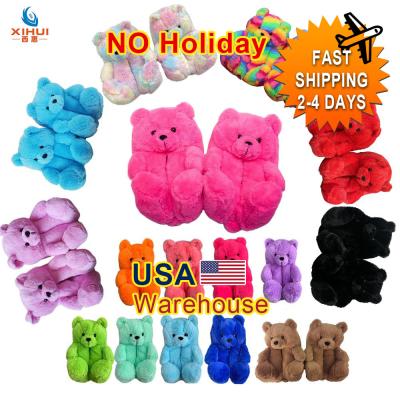 China Warm Furry Woman Flip Flop Shoes Hairy Faux Fur Slides Women Teddy Bear Plush Slippers Cartoon Bear Bedroom Winter Cute Lightweight Slipper for sale