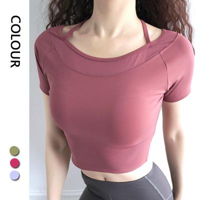 China New breathable nylon nude style with chest protection yoga clothes sports T-shirt women's tight short-sleeved quick-drying tight for sale