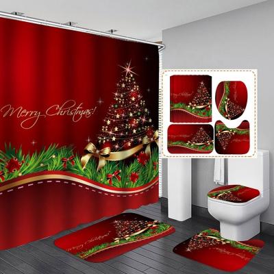 China Sustainable Gold Bell Printed Custom Eco Friendly Holiday Decoration Merry Christmas Shower Curtain for sale