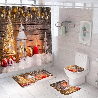 China Sustainable Merry Christmas Happy New Year Shower Curtain Set Luxury With Bath Mats for sale