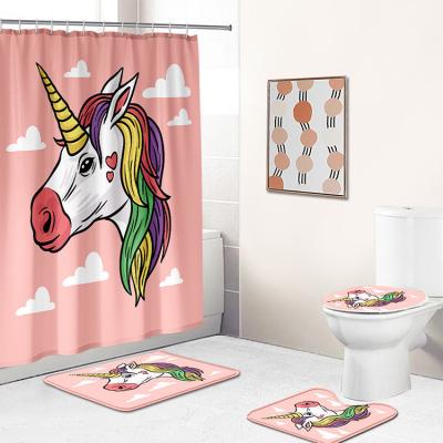 China Durable 3D Cartoon Printing Unicorn Shower Curtain Pink Polyester Waterproof For Kids Girl Bathroom for sale