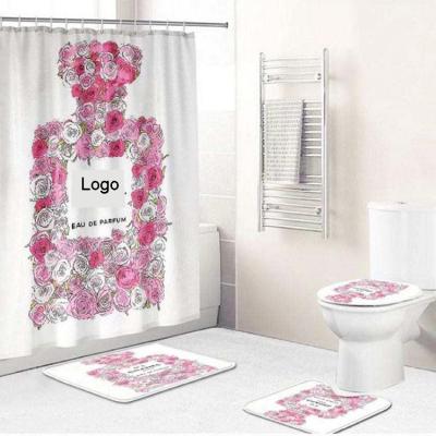 China Sustainable New Trend 3D Pink Flower Luxury Bathroom Shower Curtain Sets With Non Slip Covers for sale