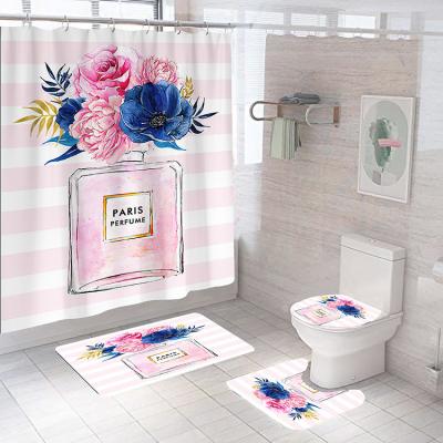 China Viable Bottle Cortina De La Ducha High Quality Floral Bath Shower Curtains With Bathroom Mat Set for sale