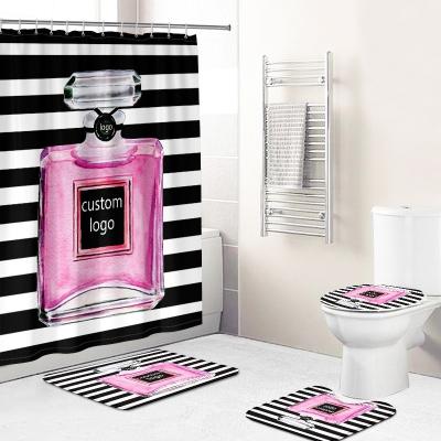 China Viable Perfume Based Bottle Cortina De Ducha Famous Flower Designer Logo Shower Curtains Bathroom Cover Fragrance Sets for sale