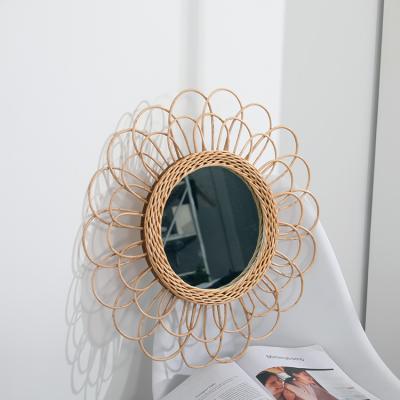 China Art Decor Large Handmade Modern Gold Wall Rattan Mirror for Bathroom Living Room Bedroom for sale