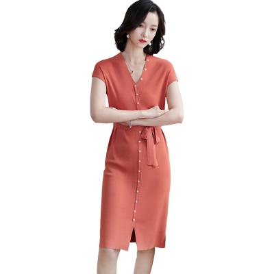 China New fashion summer anti-shrink winter winter pleated to hemming V-neck women's casual sweater knitting long dresses for sale