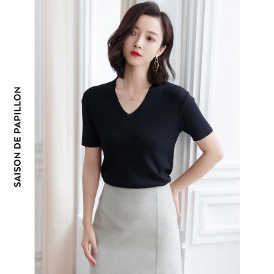 China Factory Style V Neck Nylon T-shirt Knitted Short Sleeve Womens Custom Anti-Shrink Women's Short Sweater for sale