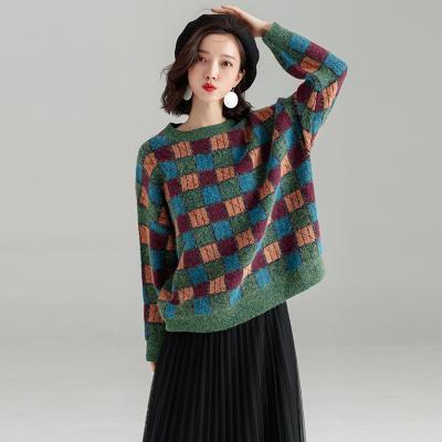 China Anti Shrink Korean Lady Loose Sweater Pullover Tops With Round Neck Vintage Plaid Sweater for sale