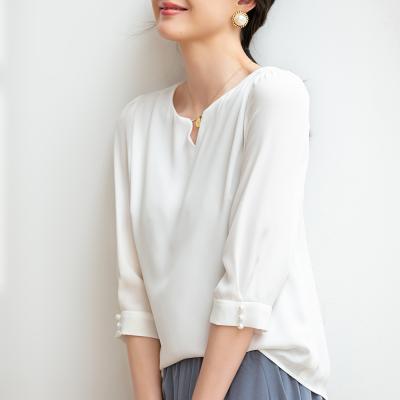 China White V-Neck Women Office Ladies Half Sleeve +Cuff Casual Pearl Button Blouses 2020 Summer Casual Female Tops for sale