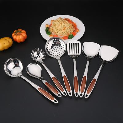 China Viable Mirror Polish Slotted Stainless Spoon Cookware Wood Handle Kitchen Utensil Set for sale