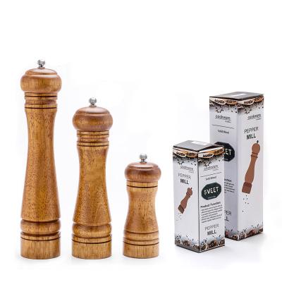 China Amazon Selling Kitchen Tools Sustainable Three Oak Size Hot Salt And Pepper Mill Set With Color Box for sale