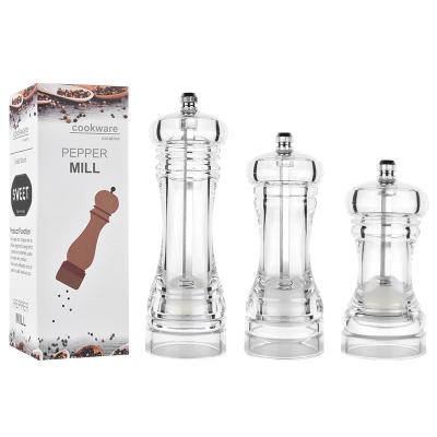 China Sustainable Kitchen Tools Three Size Acrylic Ceramic Salt And Pepper Grinder Set With Color Box for sale