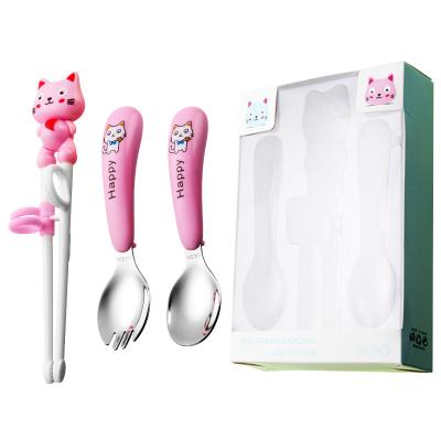 China Viable Handle Plastic Pink Color Baby Chopsticks Spoon Training Fork 3pcs Set Baby Spoon Fork Chopsticks Set for sale