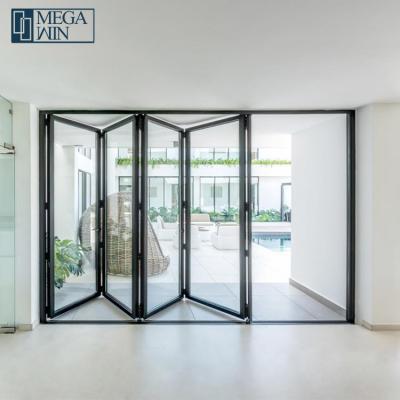 China Modern Thermal Insulation Megawin Folding Aluminum Window And Doors Design Outdoor Patio Sliding Foldable Bifold Doors for sale