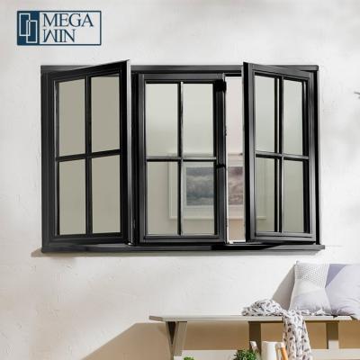 China Double Screen Foshan Megawin Style Magnetic French Glazed Tempered Glass Aluminum Casement Windows With Grilles Design for sale