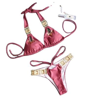 China European and American diamond women's swimsuit new solid color sexy crystal slit bandage breathable bikini for sale