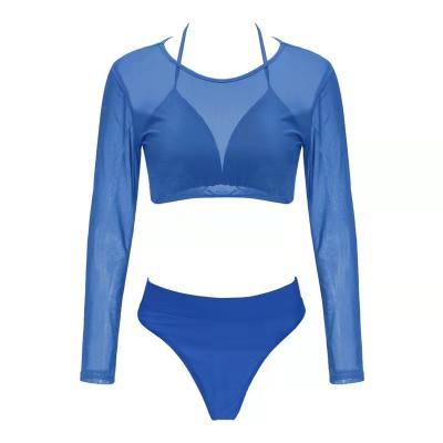 China Breathable Long Sleeve Multi Color Mesh Bikini Swimsuit Split High Waist Triangle Three Piece Swimsuit for sale