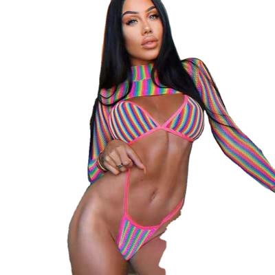 China New Breathable Three Piece Rainbow Stripe Rainbow Gradient Printed Long Sleeve Sunscreen Swimsuit for sale