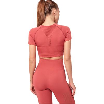 China Hot Selling Fitness Breathable Exposed Navel Sports Short Sleeve High Waist Peach Hip Fitness Yoga Pants Set for sale