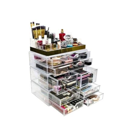 China 2 Sets Acrylic Makeup Organizer Cosmetic Display Counter With Gold Trim Custom for sale