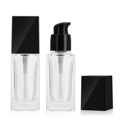 China High Quality Cosmetic Container 20ml 30ml 40ml Square Clear Serum Lotion Base Glass Empty Bottle With Pump for sale