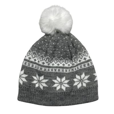 China JOINT Faux Fur Pom Pom Decorated Knitted Hat for sale