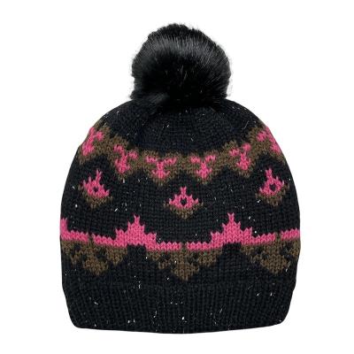 China COMMON Jacquard Women Winter Warm Cozy Hats With Faux Fur Pompom And Soft Lining for sale