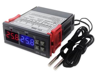 China 24 Hours Dual Display Temperature Meter STC-3008 DC12V/24V/AC110-220V Dual Temperature Adjustable Temperature Controller With 1M Cable for sale