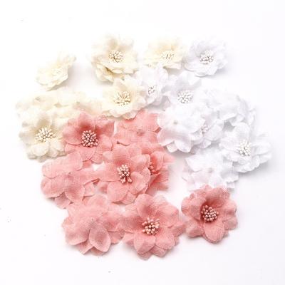 China 80% Polyester 20%Plastic 6pcs/bag 5cm Lace Style Fabric Flower Heads For Wedding DIY Decoration Garment Hat Shoes Decor Supplies for sale