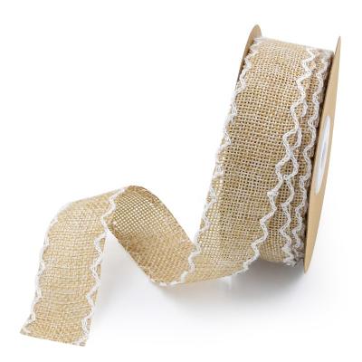 China 100% Cotton 15mm*10meters Hessian Burlap Ribbon With White Wave Trim Edge for sale