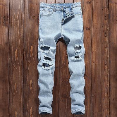 China Factory waterproof ripped jeans men's large size straight slim fashion style trend personality beggar Korean long pants for sale